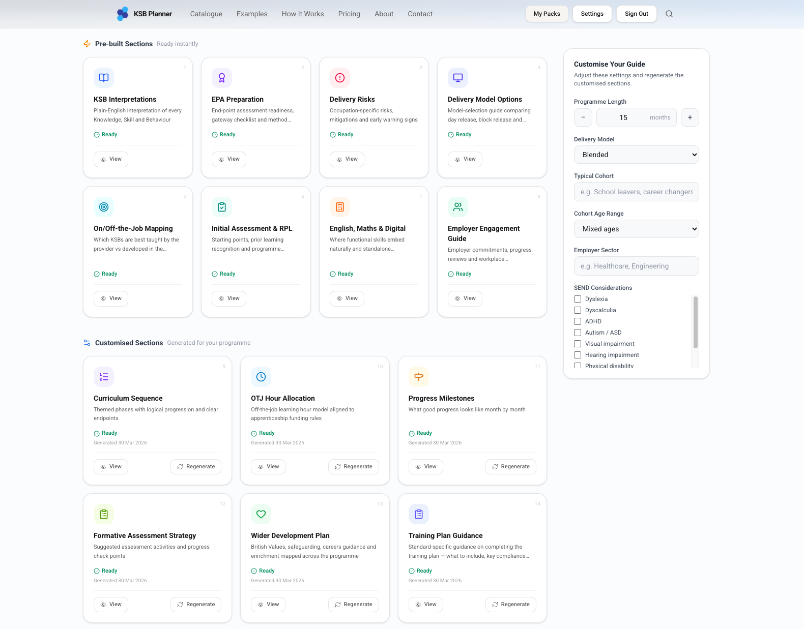 KSB Planner dashboard showing a delivery guide